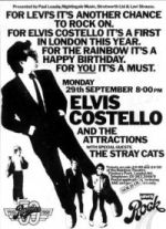 cartaz de um show de Elvis Costello tendo os Stray Cats como banda de abertura